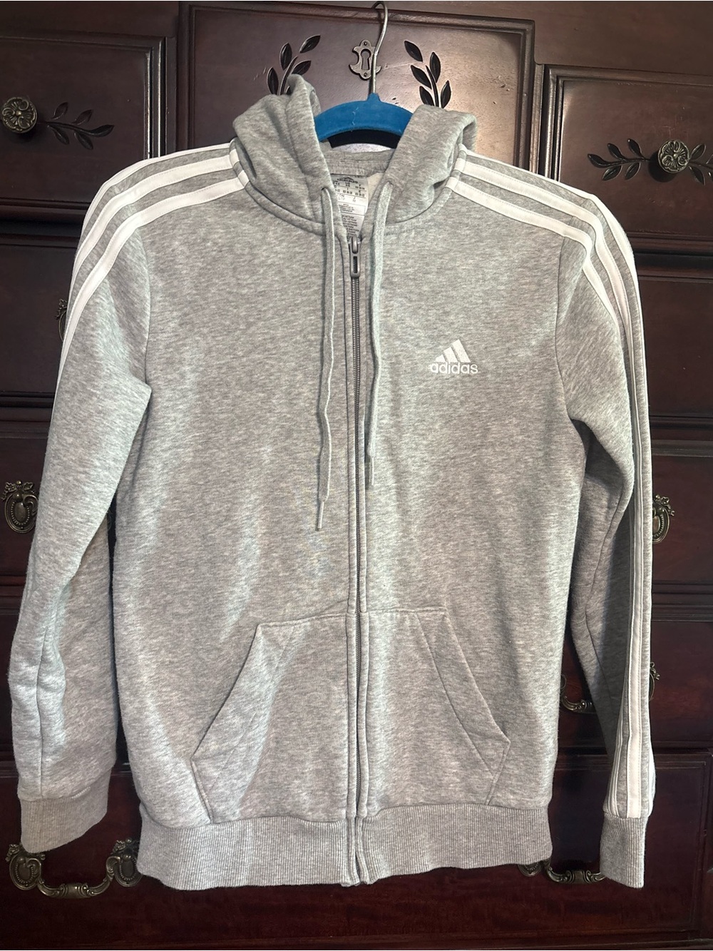 adidas Light Gray Full-Zip Hooded Sweatshirt with White Stripes